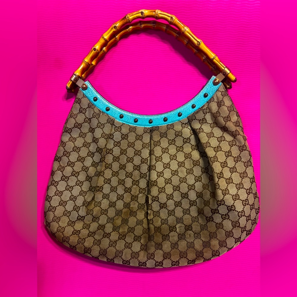 authentic gucci GG Canvas Bamboo Studded handbag- discontinued